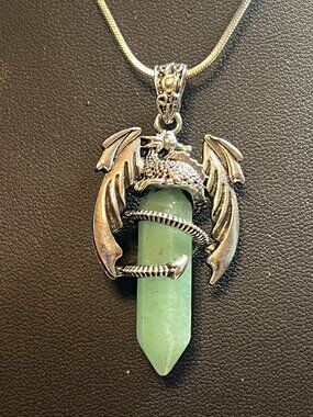 Simulated Green Jade Crystal Encased by a Silvertone Dragon (346)